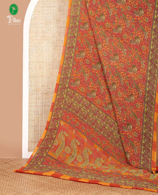 Orange & pink intricate floral & bird printed kimaya saree, peacock printed border, printed pallu & contrast printed blouse