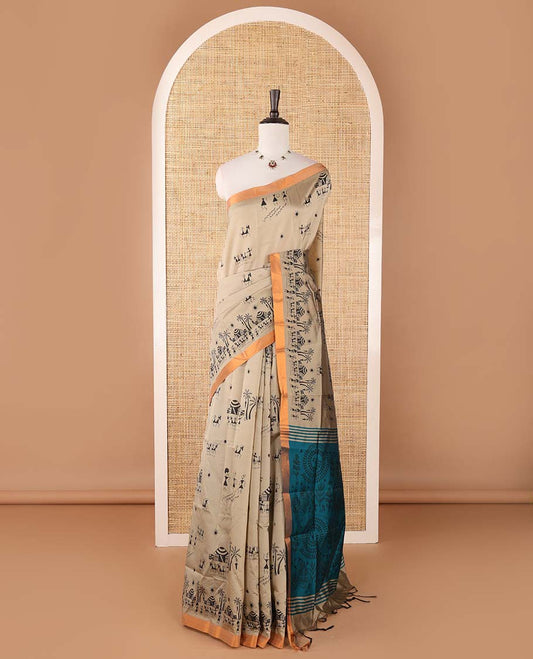 Tan warli motifs printed micro-silk saree, copper zari small border, contrast warli printed pallu & plain blouse
