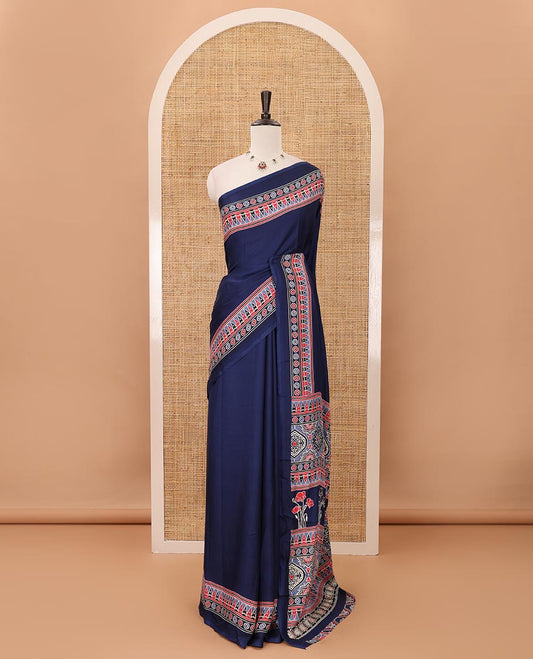Blue plain design modal satin saree, Ajrakh printed border, floral-Ajrakh printed pallu & Ajrakh printed blouse