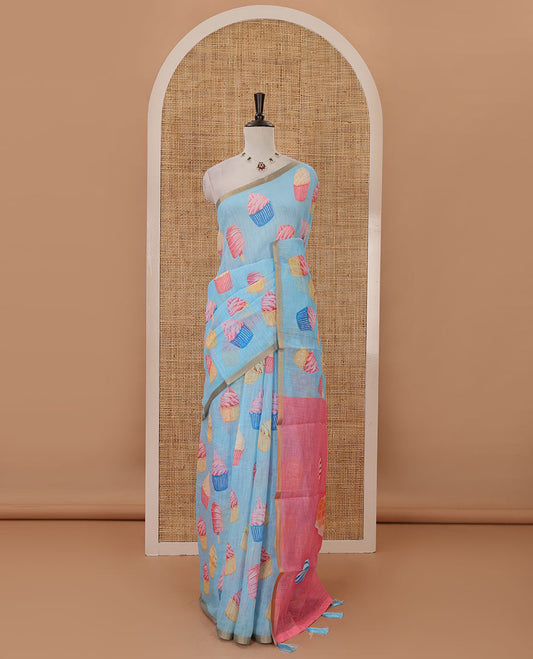 Pastel blue cupcake & Ice Cream motifs printed Linen saree, piping border, contrast Cone Ice Cream motif printed pallu & pink printed blouse