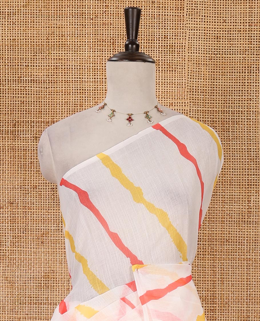 Borderless white-base leheriya-stripes printed linen cotton saree, lehariya striped pallu & contrast printed blouse