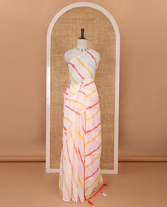 Borderless white-base leheriya-stripes printed linen cotton saree, lehariya striped pallu & contrast printed blouse