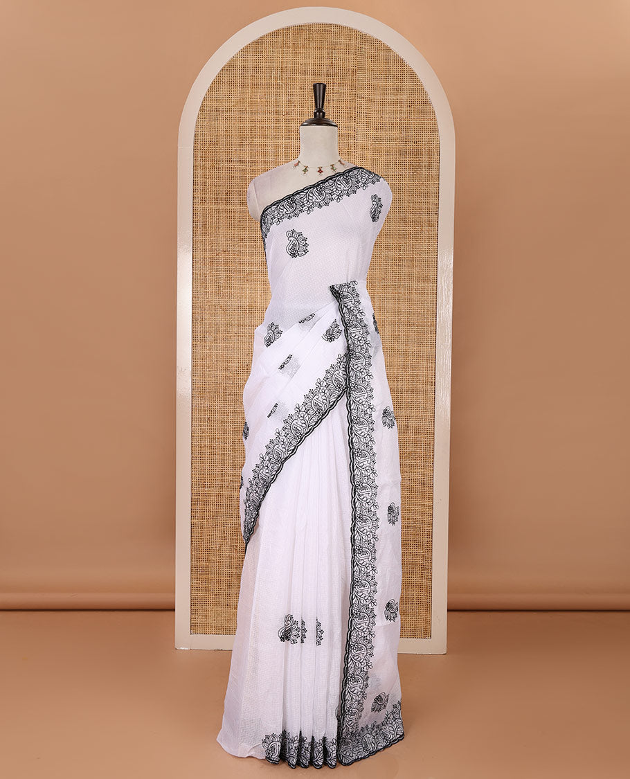 White floral-paisley embroidered kota checked saree, floral-paisley thread embroidered scallop border & matching embroidered blouse
