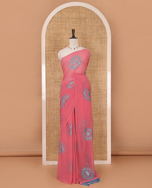 Borderless onion pink 60 gm georgette saree features floral vine designs, glitter embroidery work, contrast plain blouse