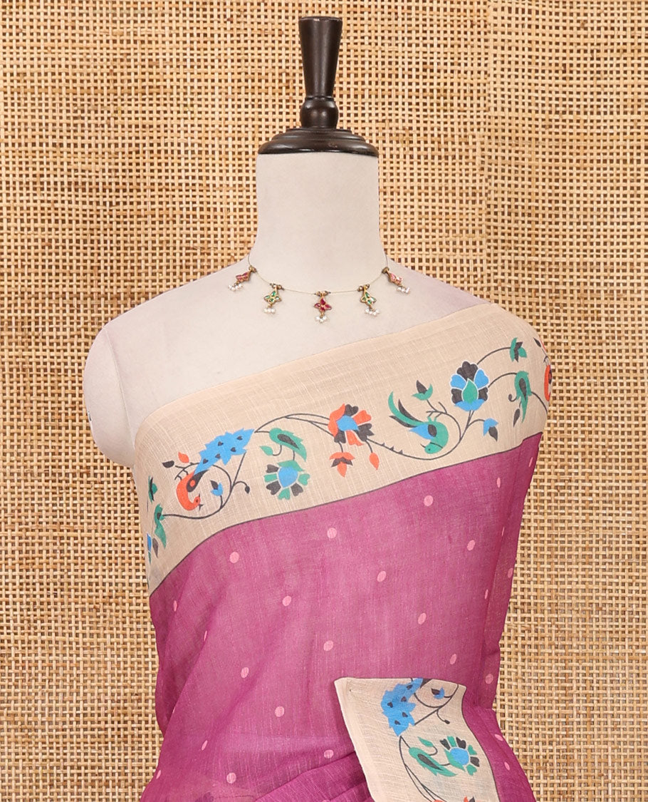 Pink small dotted buttas linen cotton saree, contrast border & pallu of paithani-style parrot, peacock, & floral vine designs