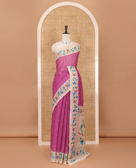 Pink small dotted buttas linen cotton saree, contrast border & pallu of paithani-style parrot, peacock, & floral vine designs