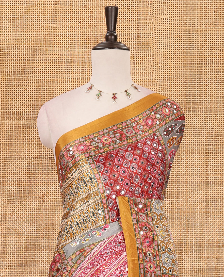 Mustard geometric patterns kaleidoscope-colored printed & mirror embroidered half-&-half masakali saree, printed border & pallu of  embroidery work & plain blouse
