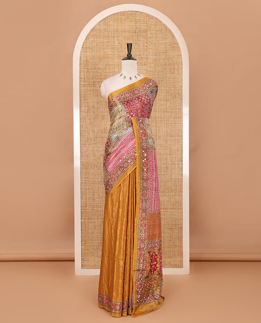 Mustard geometric patterns kaleidoscope-colored printed & mirror embroidered half-&-half masakali saree, printed border & pallu of  embroidery work & plain blouse