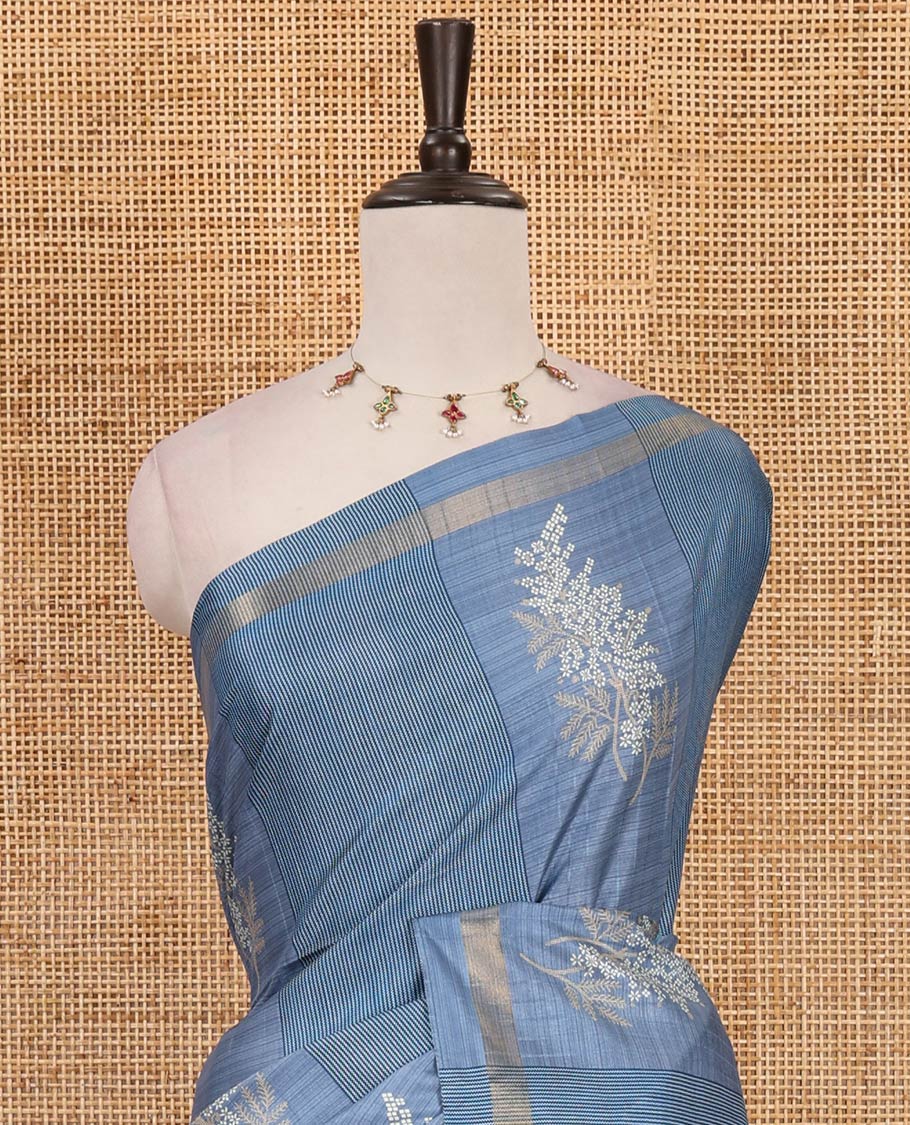 Grey vertical striped & floral motifs Katan silk saree, zari piping border & pallu of yaali & jaal motifs
