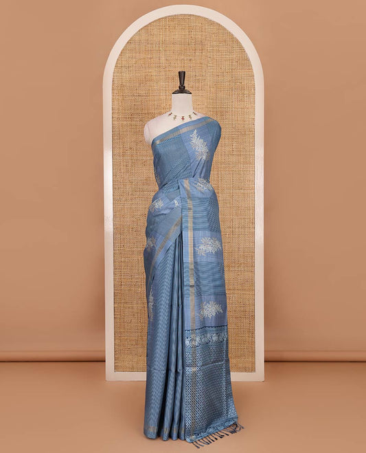 Grey vertical striped & floral motifs Katan silk saree, zari piping border & pallu of yaali & jaal motifs