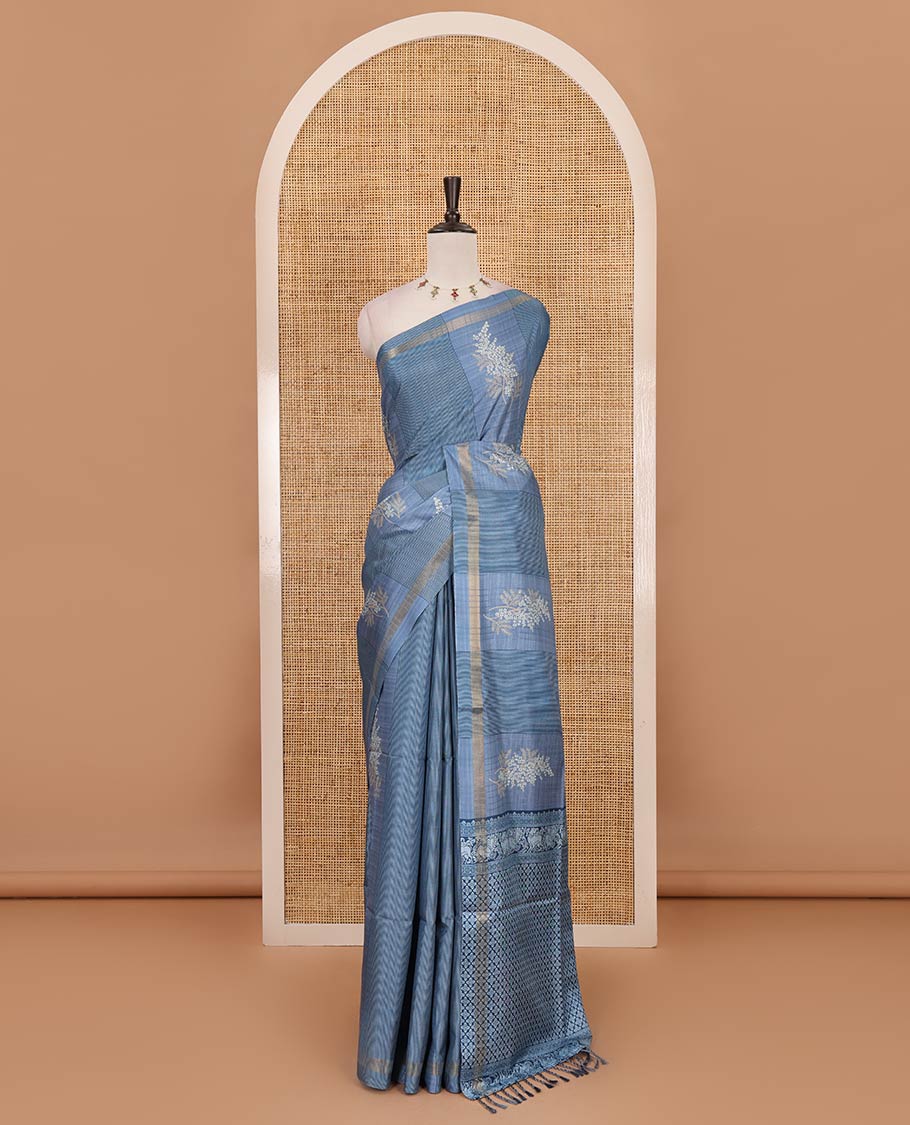 Grey vertical striped & floral motifs Katan silk saree, zari piping border & pallu of yaali & jaal motifs