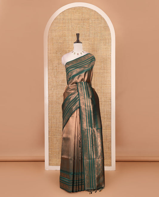 Bottle green kanchi tissue jacquard saree, traditional zari temple border, zari woven jaal pallu & contrast small buttas blouse