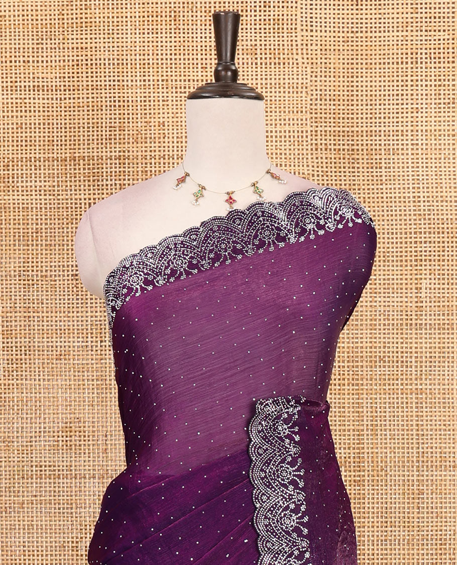 Violet Swarovski crystal stone embedded fendy chiffon saree, scallop border accentuated with floral and scallop design in Swarovski stones