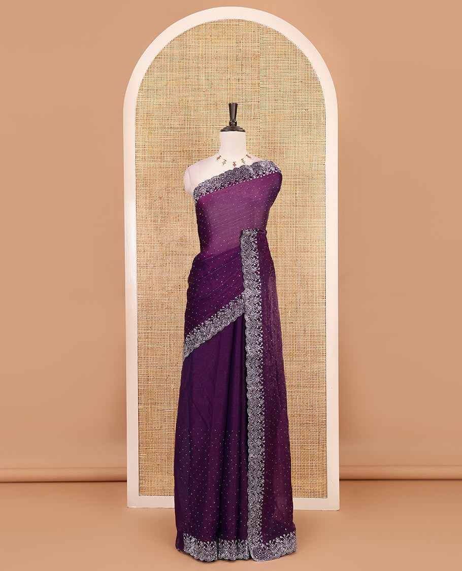 Violet Swarovski crystal stone embedded fendy chiffon saree, scallop border accentuated with floral and scallop design in Swarovski stones