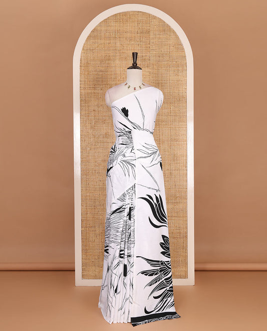 Borderless white and black feather like floral motifs printed satin crepe saree, floral vine printed blouse