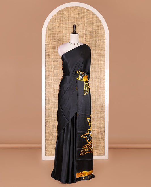 Borderless black-yellow batik style abstract digital printed satin crepe saree with blouse of small buttas