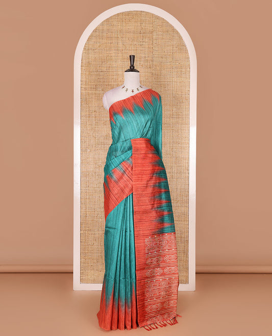 Peacock green full plain katan silk saree, contrast temple border, odisha style printed pallu, and contrast plain blouse