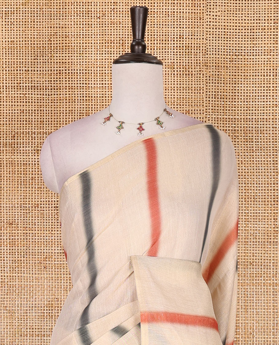 Borderless cream, colorful striped tissue saree, unique motifs printed orange color blouse
