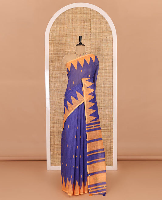 Blue thilakam buttas and mirror work khadi mul cotton saree, contrast temple border, striped and buttas pallu, and a contrast printed blouse
