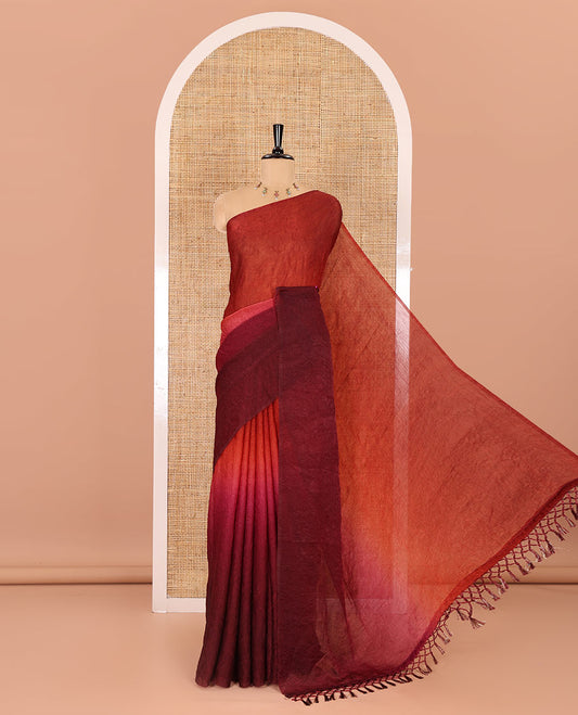 Borderless rust and purple ombre-style crushed plain fendy chiffon saree, self-pallu, and a matching plain blouse