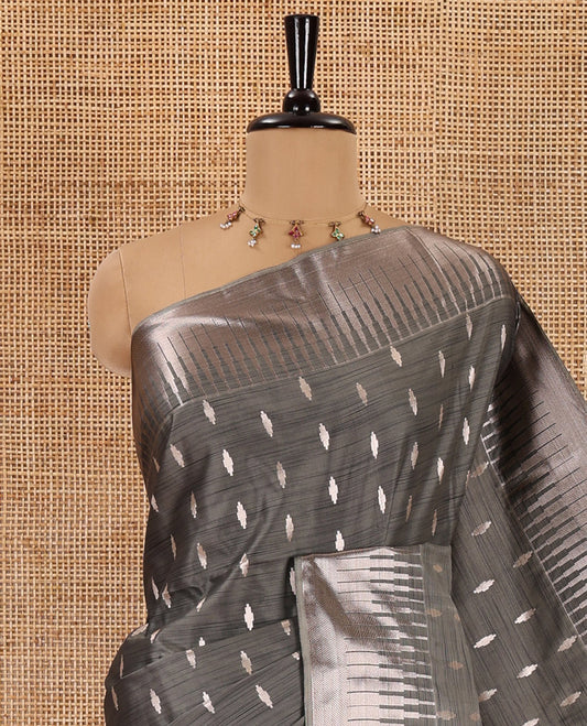 Grey zari buttas woven Luxury soft silk saree, temple zari border, contrast pallu of intricate zari designs, and zari design blouse