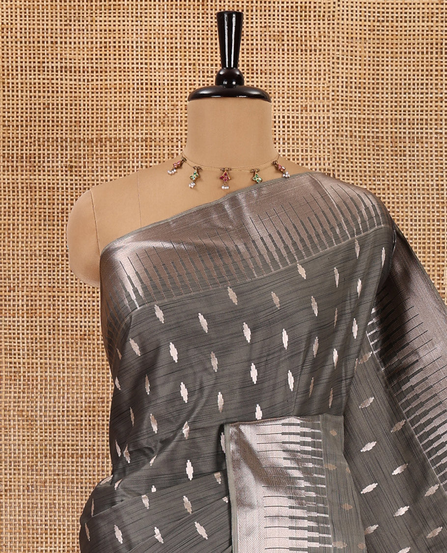 Grey zari buttas woven Luxury soft silk saree, temple zari border, contrast pallu of intricate zari designs, and zari design blouse