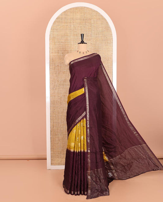 Purple Russian Silk Saree Featuring Double-Sided Plain and Central Zari Elephant Motifs Weave, Accentuated by a Subtle Traditional Zari Border, Enhanced with a Zari-Designed Pallu, and Paired with a Blouse Depicting Meenakari Peacocks