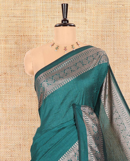 Green Plain Vichitra Silk Saree Subtly Sparked with Self-Border Featuring Traditional Designs, Plain Pallu, and Comes Without Blouse
