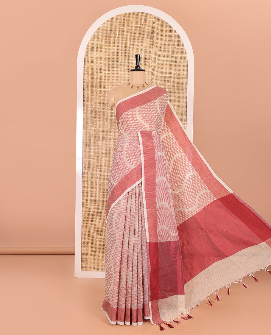 Chikku and Pink Kota Cotton Saree Subtly Woven with Zig-Zag Checks in Thread, Subtly Sparkled Contrast Bavanji Border, Plain Pallu, and Paired with a Matching Blouse
