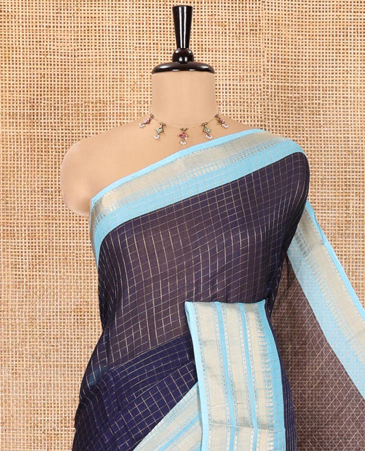 Navy Blue Moss Chiffon Saree, Elevated with Zari Checks All Over Its Body, Complemented by a Contrast Traditional Zari Design Border, Zari Striped Pallu, and Paired with a Contrast Blouse
