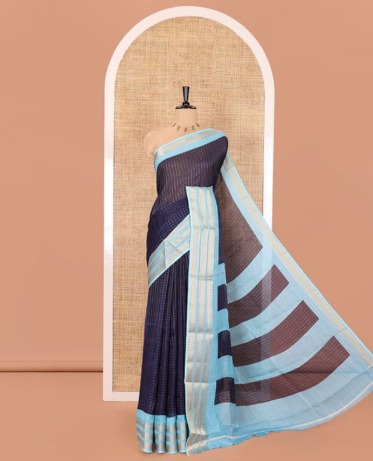 Navy Blue Moss Chiffon Saree, Elevated with Zari Checks All Over Its Body, Complemented by a Contrast Traditional Zari Design Border, Zari Striped Pallu, and Paired with a Contrast Blouse