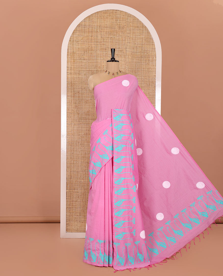 Borderless Pink South Cotton Saree, Showcasing Polka Dot and Cat Motifs Printed on Its Body Part, Paired with a Matching Blouse, and a Contrast Chevron Printed Blouse