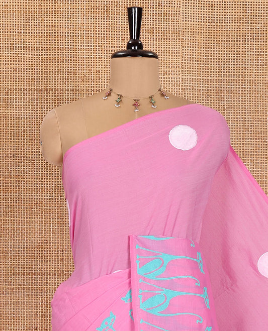 Borderless Pink South Cotton Saree, Showcasing Polka Dot and Cat Motifs Printed on Its Body Part, Paired with a Matching Blouse, and a Contrast Chevron Printed Blouse