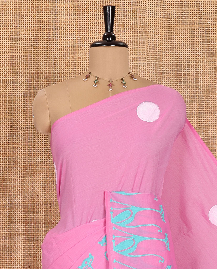 Borderless Pink South Cotton Saree, Showcasing Polka Dot and Cat Motifs Printed on Its Body Part, Paired with a Matching Blouse, and a Contrast Chevron Printed Blouse
