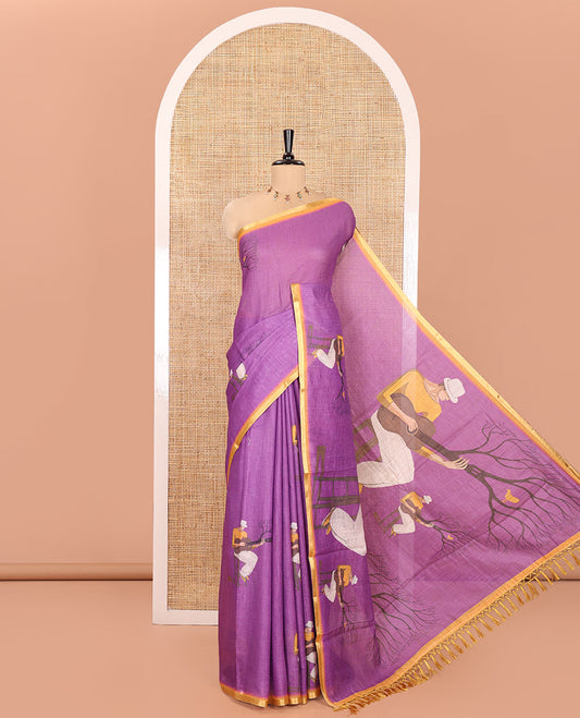 Purple Linen Cotton Saree, Depicting Men with a Guitar Motif Printed All Over Its Body, Complemented by Contrast Piping Border, Pallu Pictures a Men with a Guitar Motif, and Paired with a Contrast Blouse