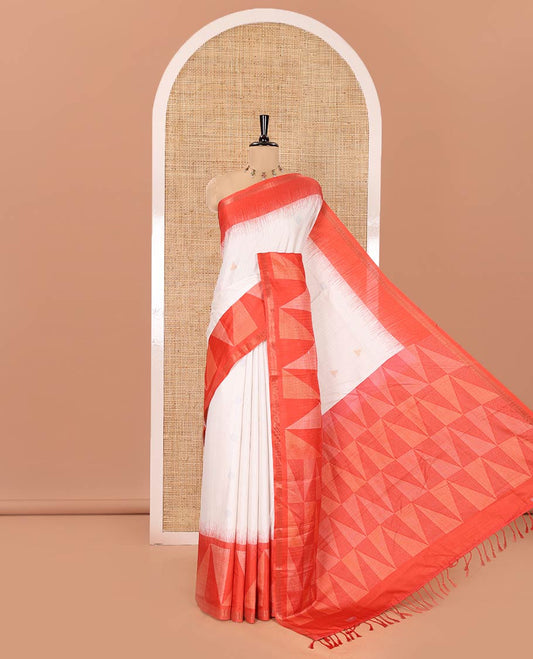 Cream and Red Semi-Tussar Saree, Subtly Sparkled with Stripes, Temple Motifs, and Circle Motifs on Its Body, Complemented by a Contrast Border, and Pallu of Geometric Print, and Paired with a Contrast Blouse