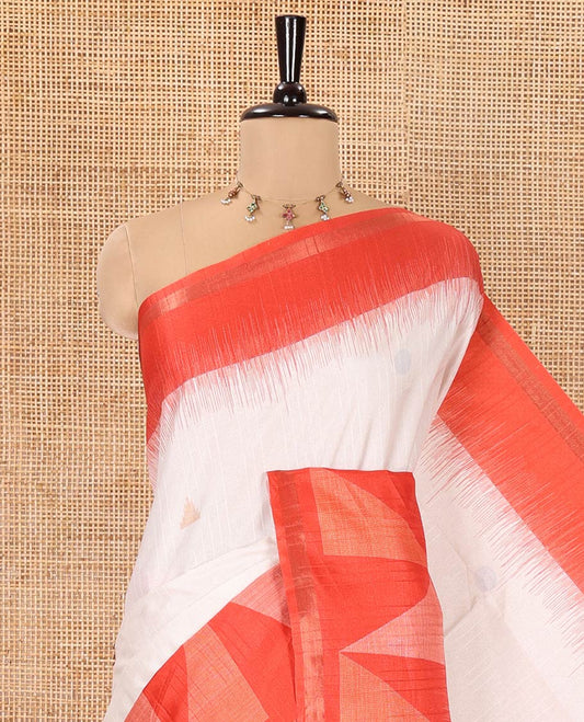 Cream and Red Semi-Tussar Saree, Subtly Sparkled with Stripes, Temple Motifs, and Circle Motifs on Its Body, Complemented by a Contrast Border, and Pallu of Geometric Print, and Paired with a Contrast Blouse