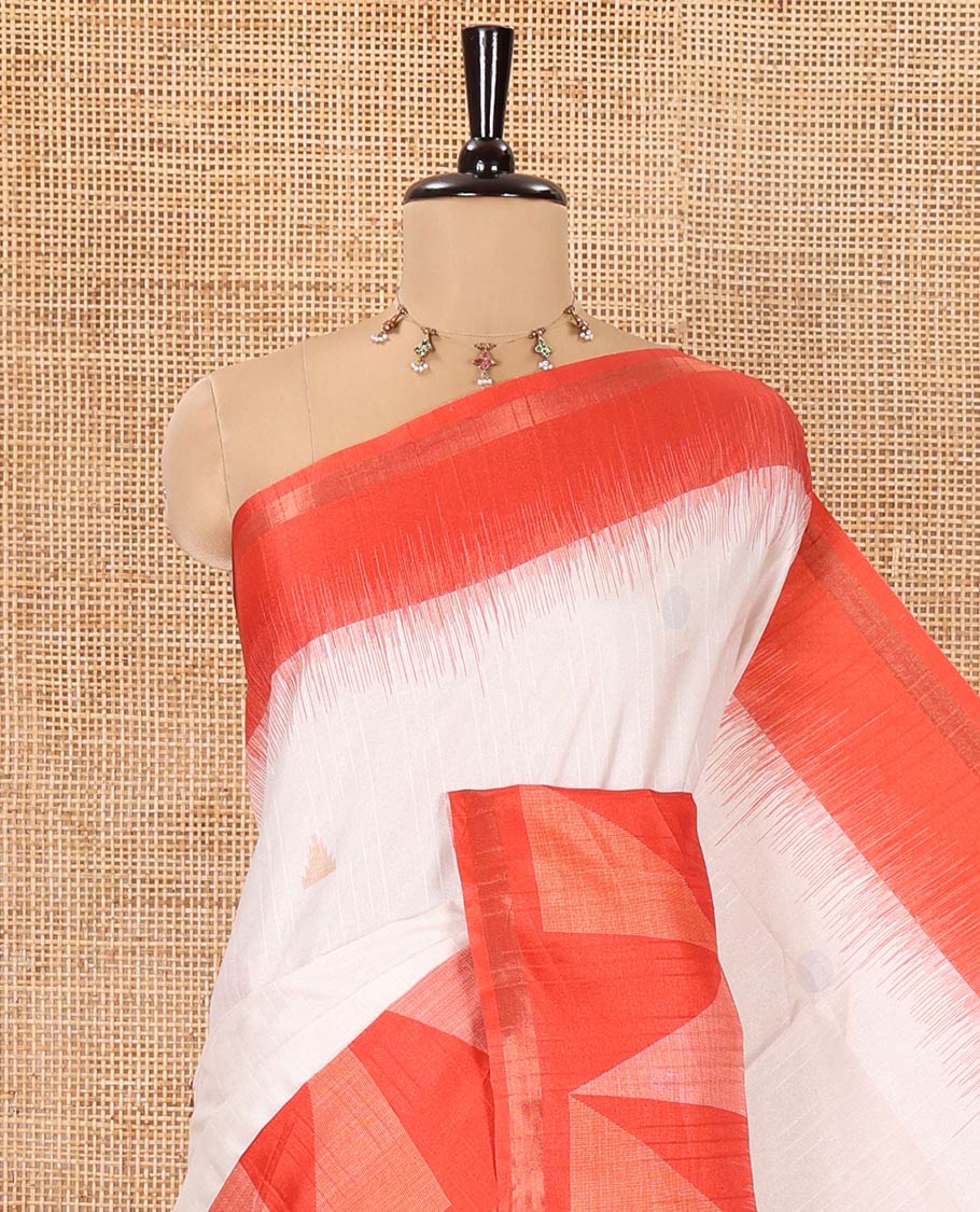 Cream and Red Semi-Tussar Saree, Subtly Sparkled with Stripes, Temple Motifs, and Circle Motifs on Its Body, Complemented by a Contrast Border, and Pallu of Geometric Print, and Paired with a Contrast Blouse
