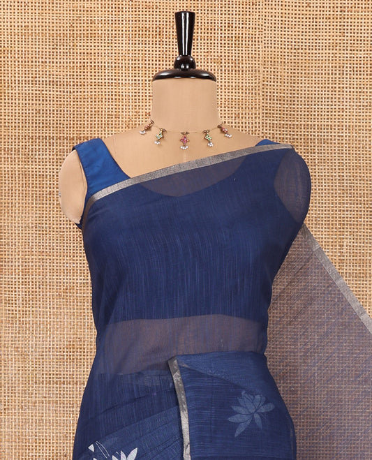 Navy Blue Linen Cotton Saree, Beautified with Pichwai Lotus Motifs Print, Subtle Piping Border, Pallu Mirrors the Same Pichwai Lotus Print, and Paired with a Contrast Pichwai Lotus Printed Blouse