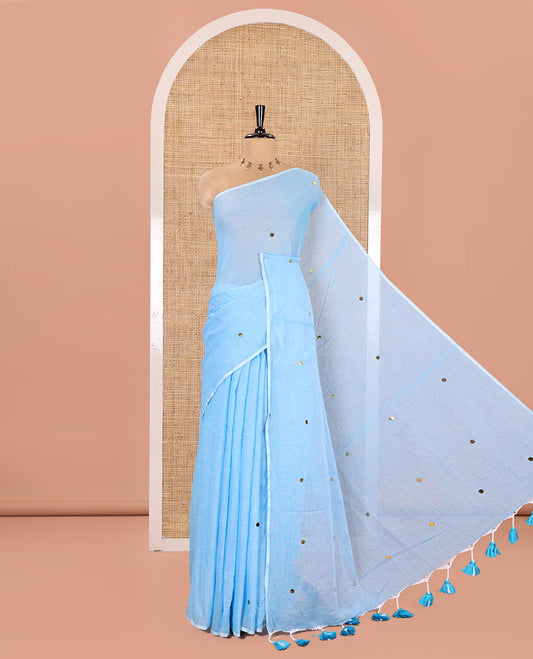 Borderless Blue Khadi Mul Cotton Saree, Subtly Sparkled with Sequin Work on Its Body and Pallu, and Paired with a Matching Blouse