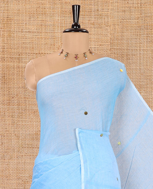 Borderless Blue Khadi Mul Cotton Saree, Subtly Sparkled with Sequin Work on Its Body and Pallu, and Paired with a Matching Blouse
