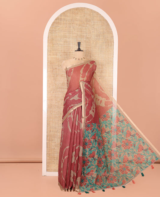 Chikku Linen Cotton Saree, Adorned with Shibori Prints on Its Body, Subtle Contrast Piping Border, Pallu of Floral Print, and Paired with a Matching Blouse