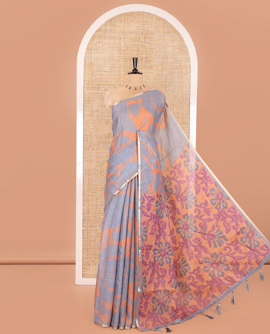Grey Linen Cotton Saree, Detailed with Shibori Printed on Its Body, Subtle Piping Border, Pallu Features Floral Print, and Paired with a Contrast Floral Printed Blouse