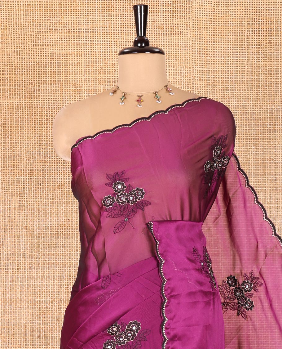 Purple Rangoli Chiffon Saree, Enriched with Flower-Style Motifs Embroidered on Its Body, a Subtle Scallop Embroidered Border, a Self-Pallu, and Paired with a Contrast Embroidered Blouse