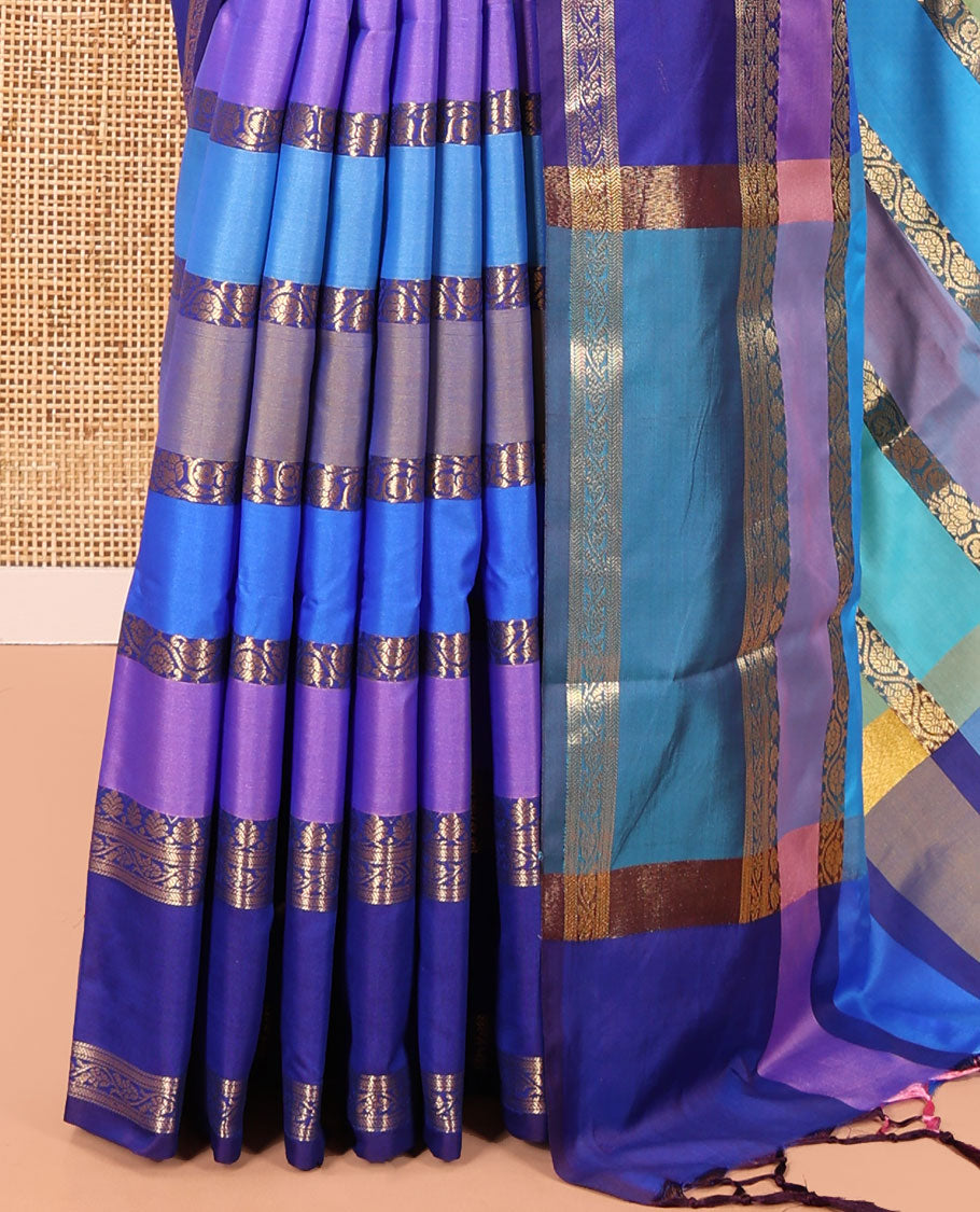 Multi-Color Semi-Soft Silk Saree, Elegantly Woven with Colorful Stripes and Floral Creeper Design on Its Body, Complemented by Contrast Rettai Pettu Traditional Zari Designs Woven Border, Grand Pallu, and Paired with a Contrast Blouse