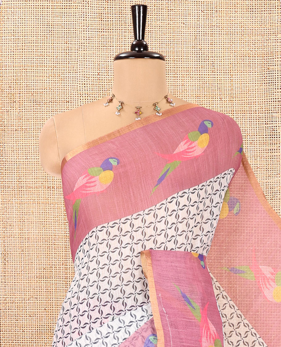 Off-White Onion Pink Linen Cotton Saree, Decorated with Geometric Print on Its Body, Complemented by a Contrast Border of Macaw Parrot Print, Pallu of Floral and Macaw Parrot Print, and Paired with a Contrast Blouse