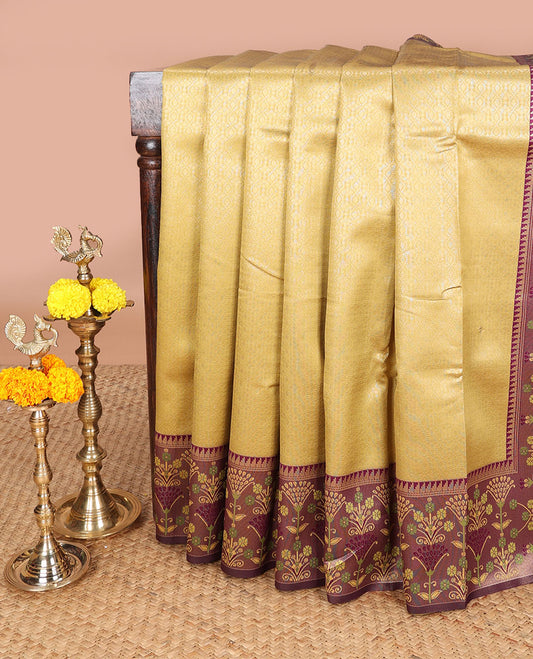 Mustard copper zari weaving litchi silk saree with contrast meena butta border & meena style design pallu along with contrast blouse