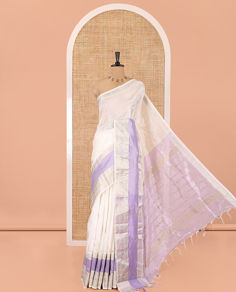 Off-White and Lavender Mangalagiri Silk Saree, Sparsely Woven Stripes on Its Body, Complemented by Contrast Border of Temple and Peacock Designs, Striped Pallu, and Paired with a Contrast Blouse