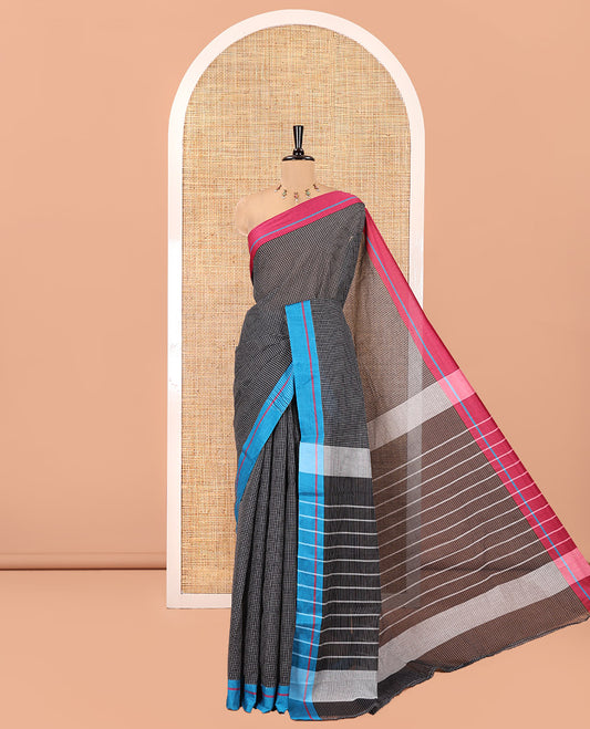 Black-Pink-Blue Chettinad Cotton Saree with Checks, Contrast Ganga-Jamuna Border, Striped Pallu, and No Blouse