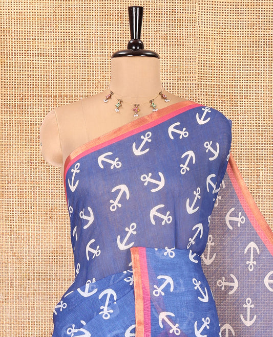 Royal Blue Linen Cotton Saree, Adorned with Anchor Motifs Printed on Its Body, a Subtle Contrast Piping Border, Multi-Color Striped Pallu, and Paired with a Contrast Blouse